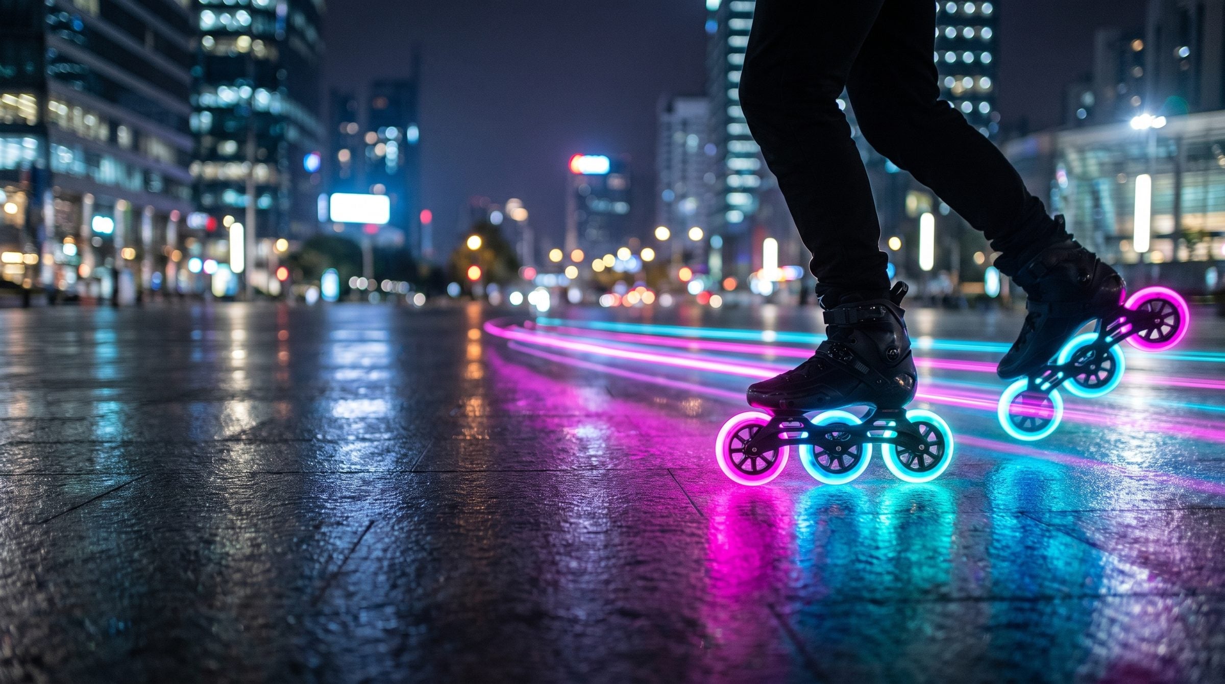Patines con ruedas LED GlowRush brillando de noche
